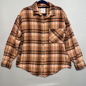 Billabong Women's Plaid Flannel Shirt Long Sleeve Button Up Size L Orange Pink